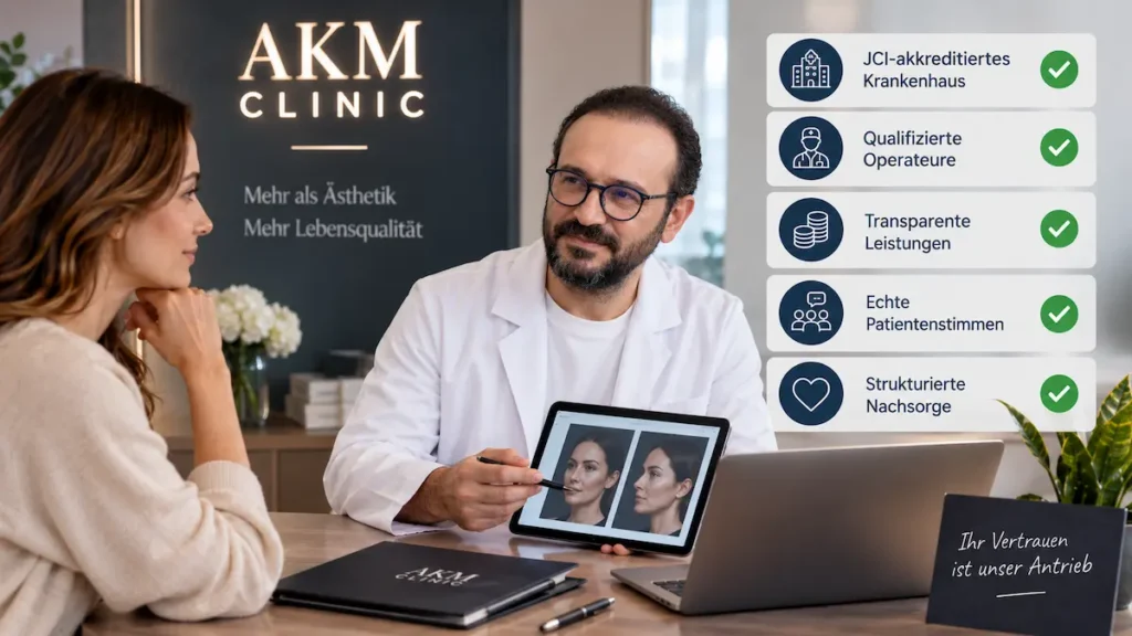 Akif Mehmetoğlu erläutert einer Patientin Qualitätskriterien der AKM Clinic.