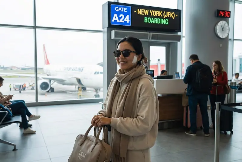 Patient wearing sunglasses and a scarf at an airport gate preparing to fly after facelift recovery, representing travel planning and safe post-op flight timing
