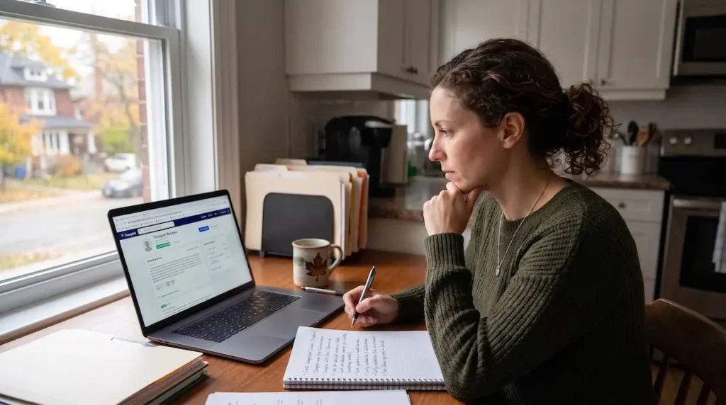 Canadian patient researching AKM Clinic reviews on Trustpilot and taking notes before comparing independent review platforms.