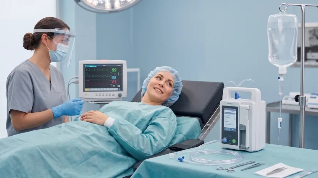 Awake Fettabsaugung Türkei: Patientin unter Tumeszenz-Lokalanästhesie mit medizinischer Überwachung im OP.