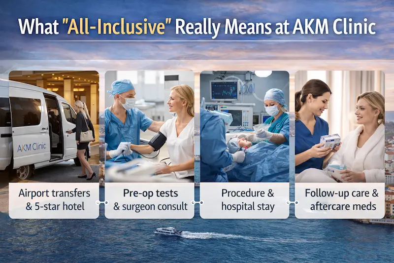 Plastic surgery turkey price list visual explaining what all inclusive means at AKM Clinic including transfers hotel pre op tests surgery and aftercare
