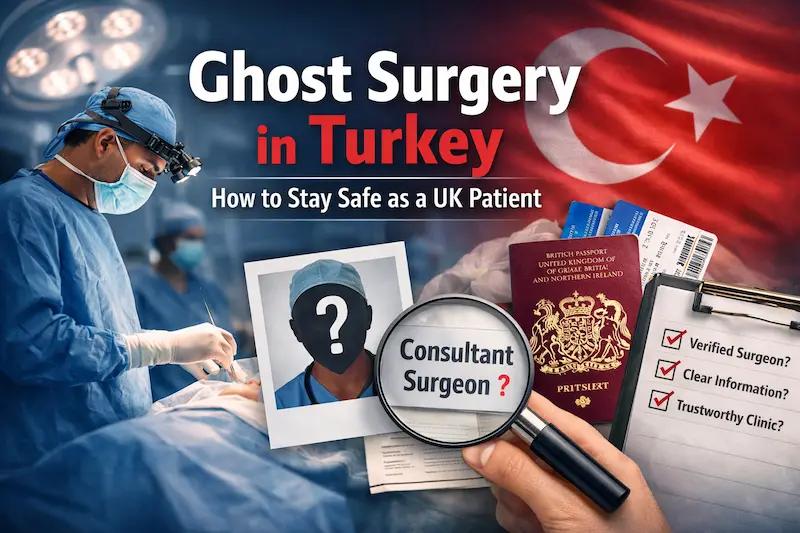 Ghost surgery in Turkey visual showing a consultant surgeon, UK passport and safety checklist for British patients
