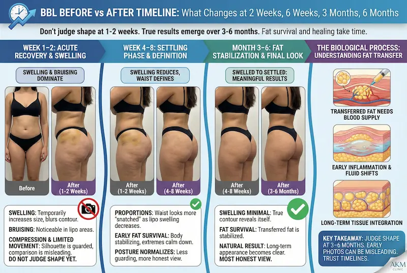 Typical BBL before vs after timeline infographic showing changes at 2 weeks, 6 weeks, 3 months, and 6 months, with notes on swelling, fat survival, and when results look final.