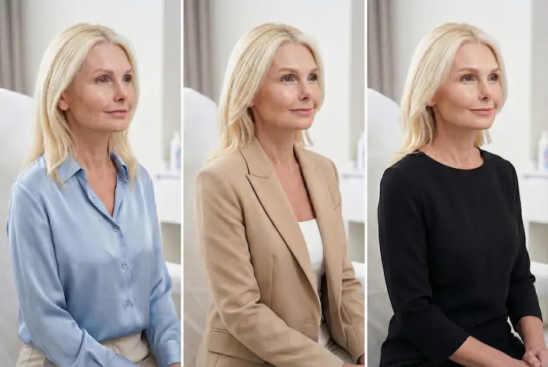 Three side-profile portraits of a mature woman showing subtle, natural facial rejuvenation stages, reflecting typical ranges and realistic expectations for facelift longevity.