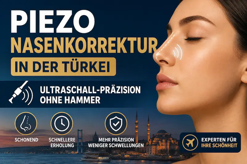 Piezo Nasenkorrektur Türkei: Nasenprofil mit markierter Ultraschall-Technik und Istanbul-Silhouette als medizinisches Titelmotiv.