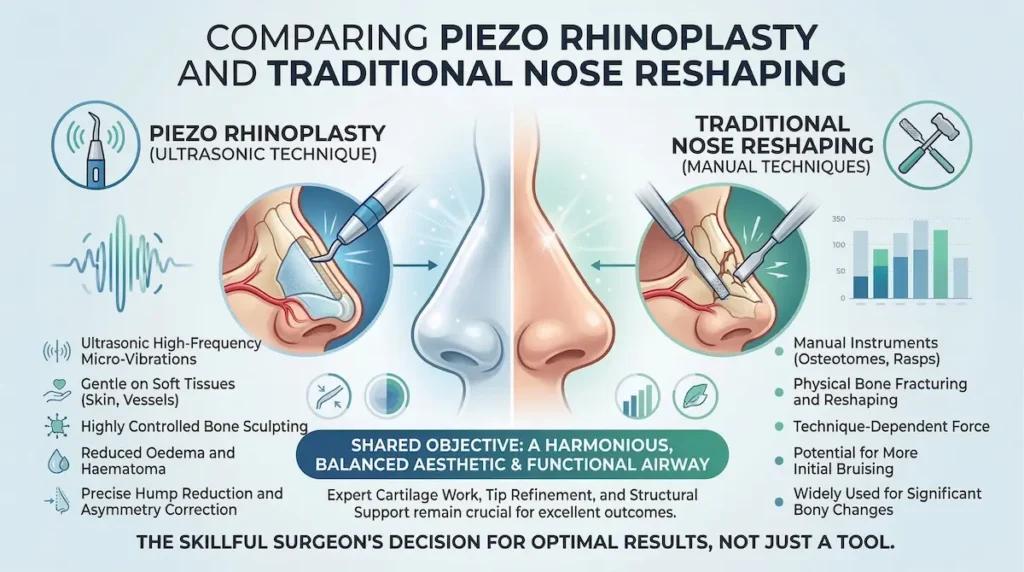 Piezo rhinoplasty Turkey infographic comparing ultrasonic bone sculpting with traditional nose reshaping techniques, bruising and oedema.