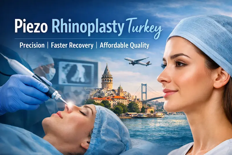 Piezo rhinoplasty Turkey cover image showing a surgeon using an ultrasonic device, a patient profile and the Istanbul skyline.