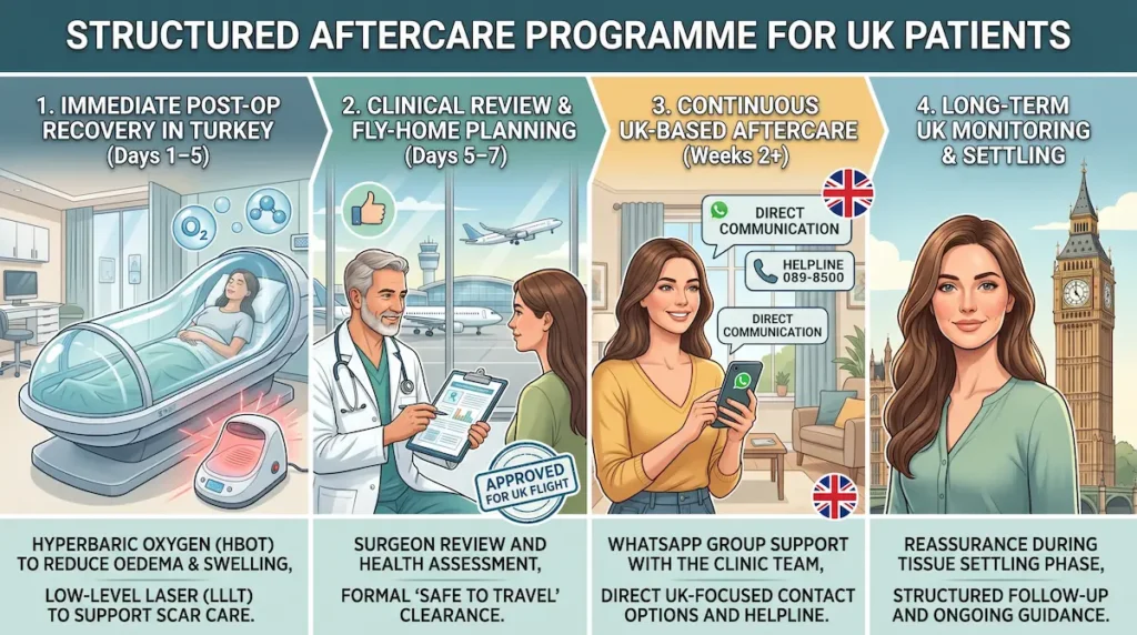 Best surgeons for filler removal infographic showing structured aftercare, HBOT recovery, fly-home planning and UK follow-up support.