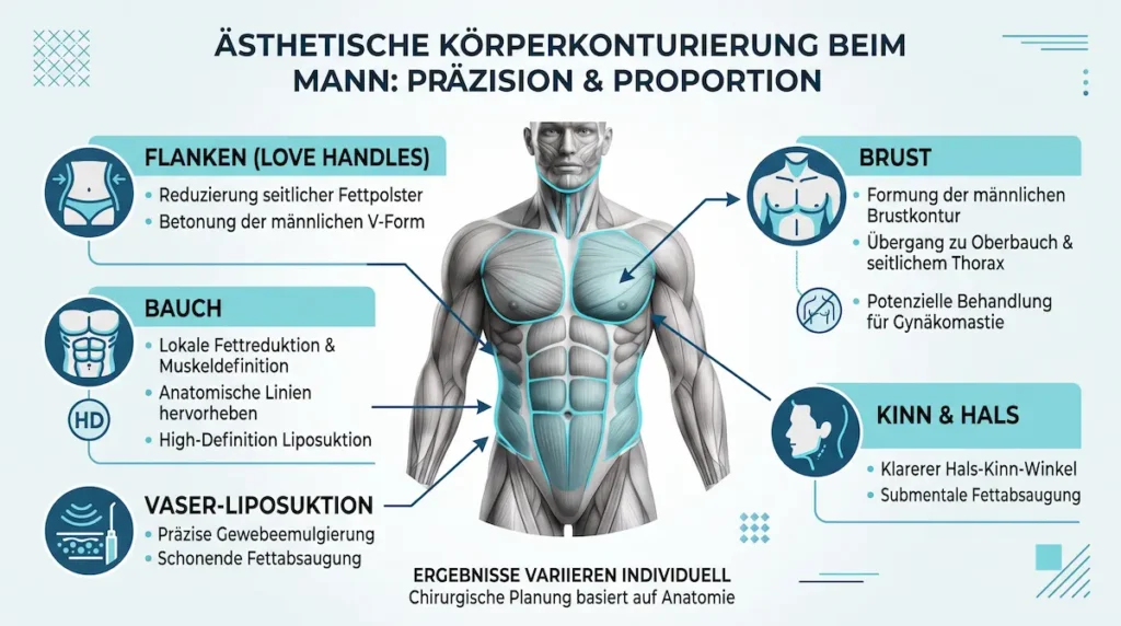 Grafik der Behandlungszonen an Bauch, Flanken, Brust und Kinn bei fettabsaugung männer türkei mit VASER-Technik