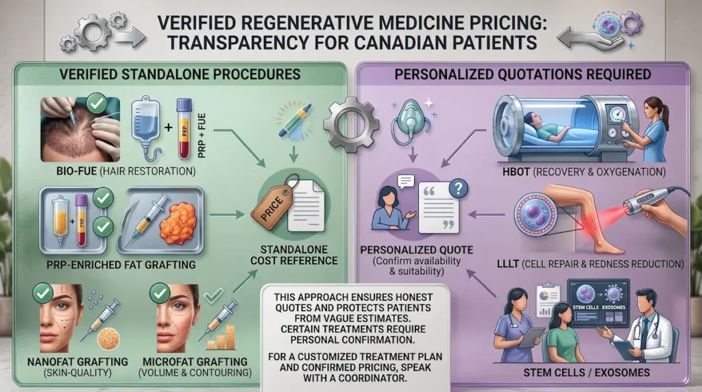 Regenerative medicine cost in Turkey pricing visual showing verified CAD procedures and personalized quotes for HBOT, LLLT and stem cells.