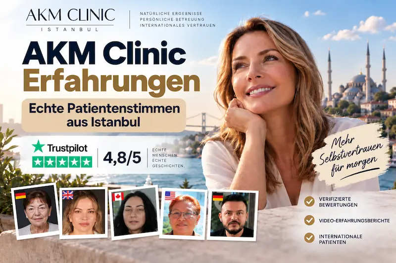 AKM Clinic Erfahrungen: Cover mit Patientenstimmen aus Deutschland, Großbritannien, Kanada und den USA vor der Istanbul-Kulisse.