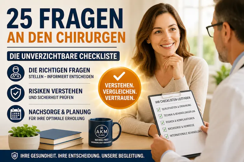 Patientin im Beratungsgespräch mit Arzt und Checkliste zu 25 Fragen an den Chirurgen vor einer ästhetischen OP.