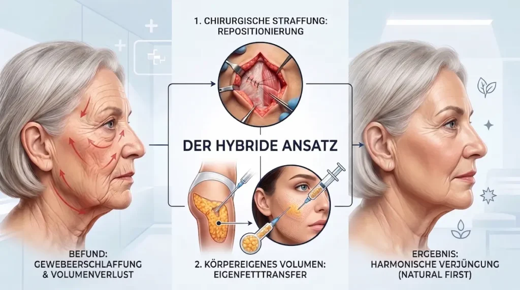 Stammzellen Facelift Vergleich: hybrider Ansatz mit chirurgischer Straffung und Eigenfetttransfer bei Gewebeerschlaffung und Volumenverlust.