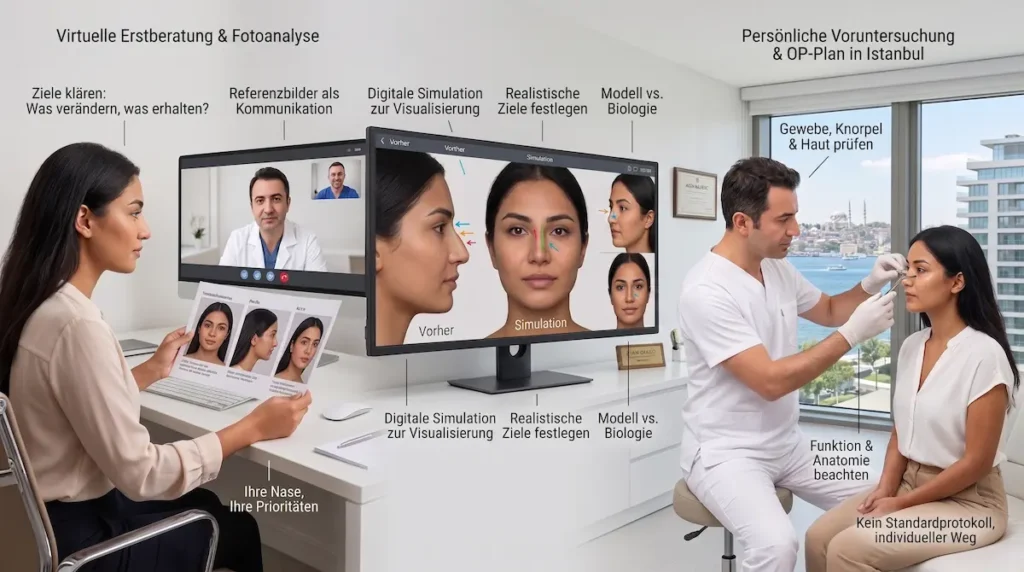 Ethnische Nasenkorrektur Türkei: virtuelle Beratung, Fotoanalyse, Simulation und persönliche Untersuchung der Nase.