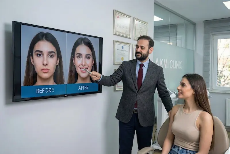 Surgeon consultation at AKM Clinic reviewing before-and-after results, showing what actually predicts a natural result through planning and realistic outcome analysis