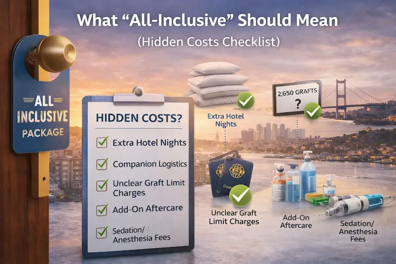 All-inclusive hair transplant package hidden costs checklist graphic showing extra hotel nights, companion logistics, unclear graft limit charges, add-on aftercare, and sedation/anesthesia fees in Istanbul.