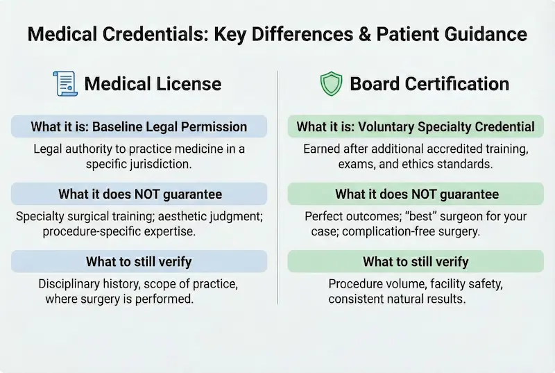Comparison chart explaining what board certification really means vs medical license for plastic surgeon board certification verification