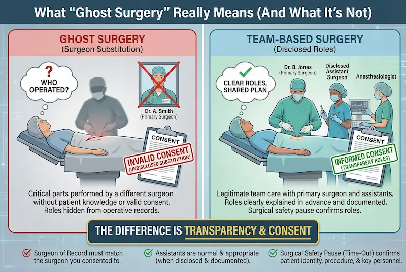 Infographic explaining what “ghost surgery” really means versus team-based surgery, emphasizing transparency and informed consent in the operating room.