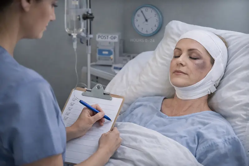 Patient resting in a post-op bed with a head wrap during the first 0-24 hours after deep plane facelift surgery while a nurse checks recovery vitals.