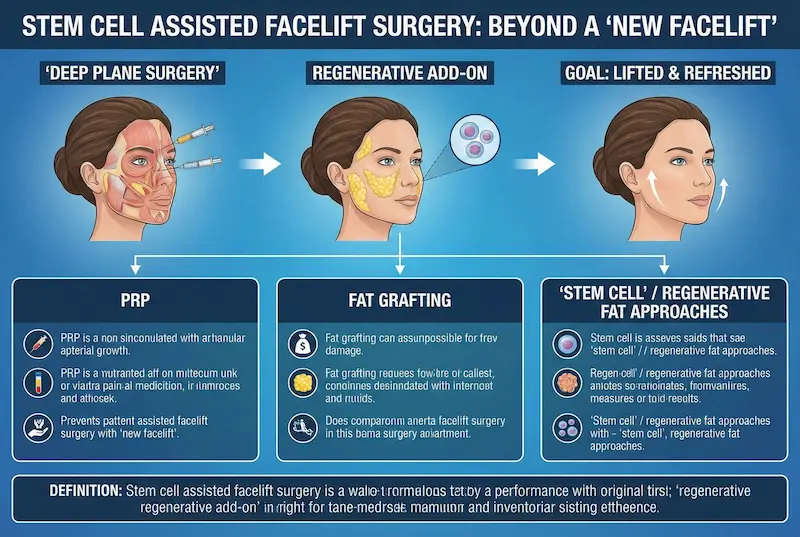 Infographic explaining what is a stem cell assisted facelift, showing deep plane surgery plus a regenerative add-on (PRP and fat grafting) for a lifted, refreshed result.
