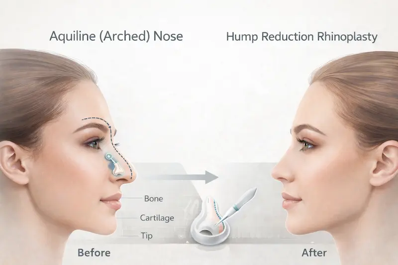 Infographic showing aquiline (arched) nose vs hump reduction rhinoplasty with before-and-after side profiles and bone/cartilage labels