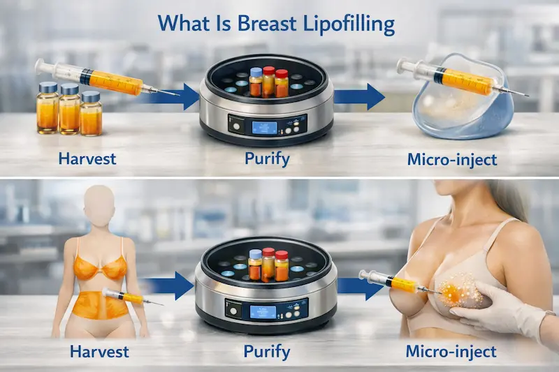 Realistic medical infographic showing the breast lipofilling process—harvest, purify, and micro-inject—using syringes, fat vials, and a centrifuge in a clinical setting.