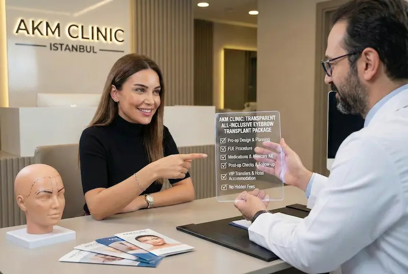 AKM Clinic Istanbul consultation showing transparent all-inclusive eyebrow transplant package details, including planning, procedure, medications, aftercare, and VIP transfers.