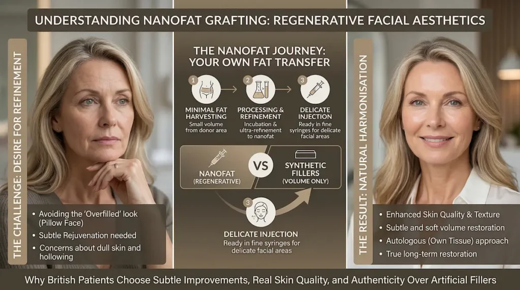 Nanofat grafting Turkey infographic showing own fat transfer stages and subtle facial rejuvenation for UK patients.