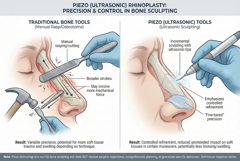 What is piezo ultrasonic rhinoplasty diagram comparing traditional bone tools vs piezo ultrasonic tools for precision and control in bone sculpting