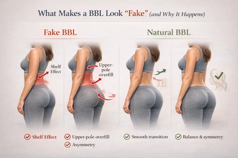 what-makes-a-bbl-look-fake-and-why-it-happens infographic comparing fake BBL vs natural BBL with labels for shelf effect, upper-pole overfill, asymmetry, and smooth transition.