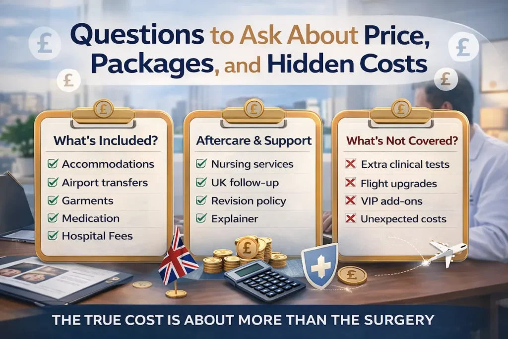 Questions to ask plastic surgeon infographic showing UK pricing, packages, aftercare support, hospital fees, and hidden cosmetic surgery costs.