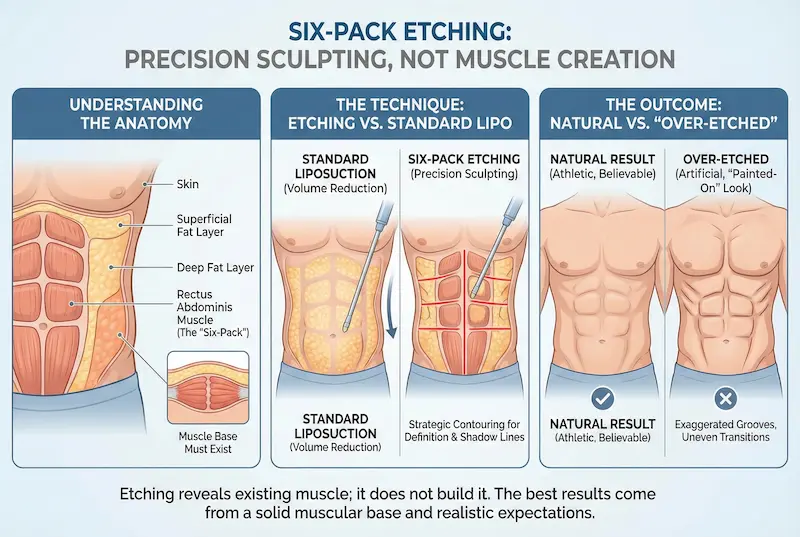 Six-pack etching infographic explaining abdominal anatomy, etching vs. standard liposuction technique, and natural vs. over-etched results.