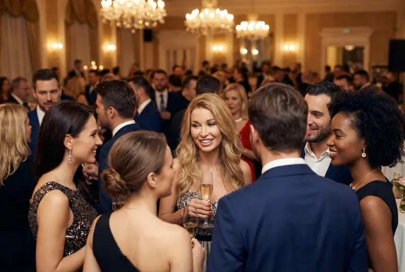 Social event scene representing returning to public life during facelift recovery downtime in the first two weeks.