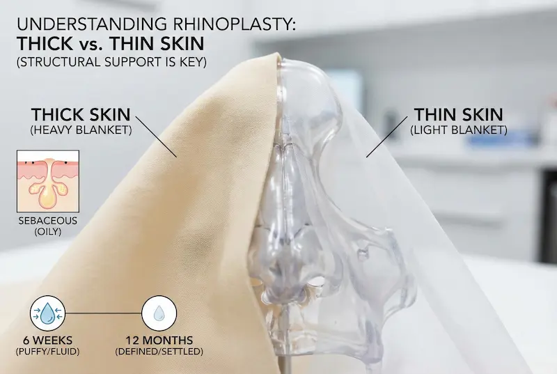 Infographic explaining what thick skin really means in rhinoplasty, comparing thick vs thin nasal skin, emphasizing structural support and longer swelling timeline for thick skin.
