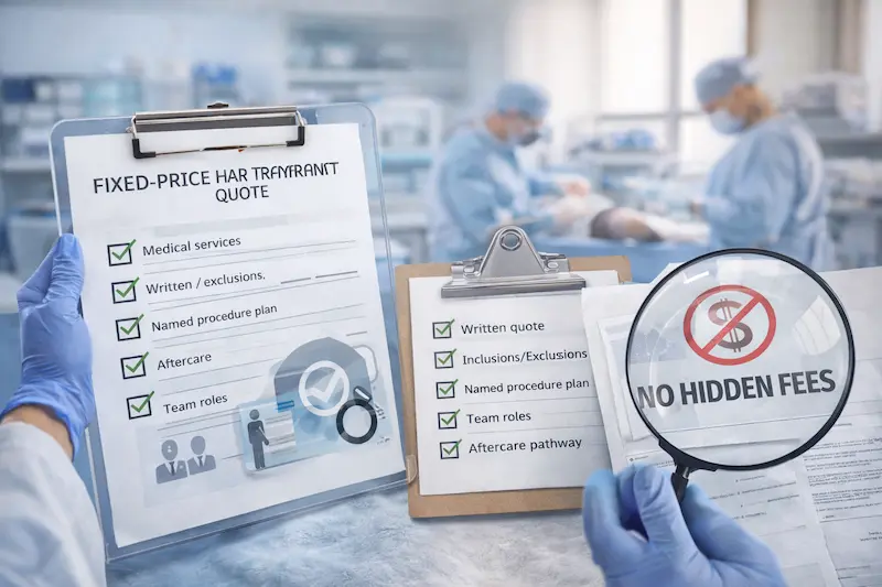 Transparent fixed-price hair transplant quote checklist with “no hidden fees” message highlighted by a magnifying glass in a clinical setting.