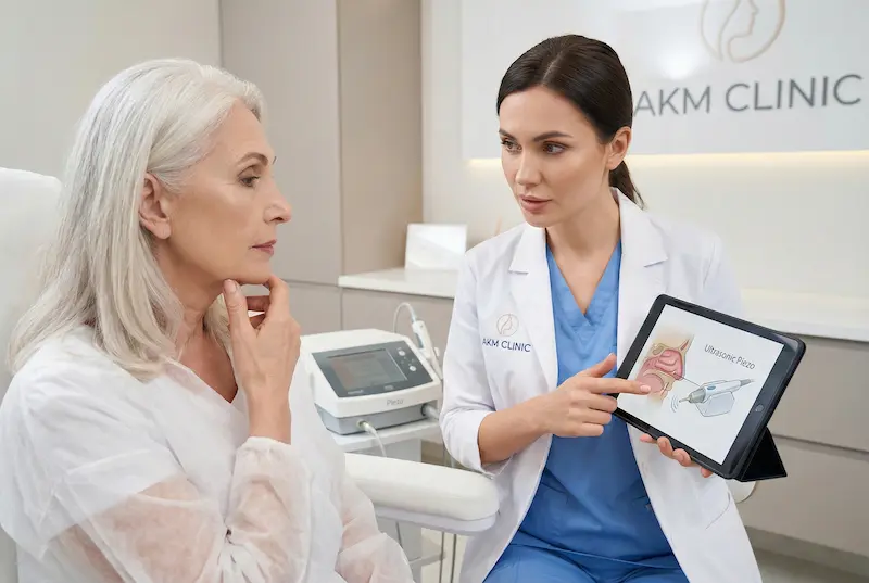Who is a good candidate for piezo rhinoplasty consultation at AKM Clinic with doctor explaining ultrasonic piezo rhinoplasty on a tablet to a patient