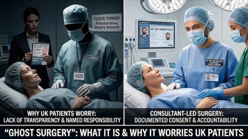 Split screen image explaining ghost surgery in Turkey, contrasting unclear surgeon identity with documented consultant led care for UK patients