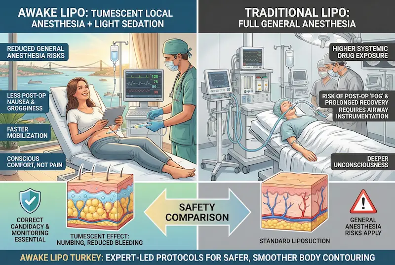 Infographic comparing awake lipo (tumescent local anesthesia + light sedation) vs traditional lipo under general anesthesia, highlighting reduced anesthesia risks, faster mobilization, and safety monitoring.