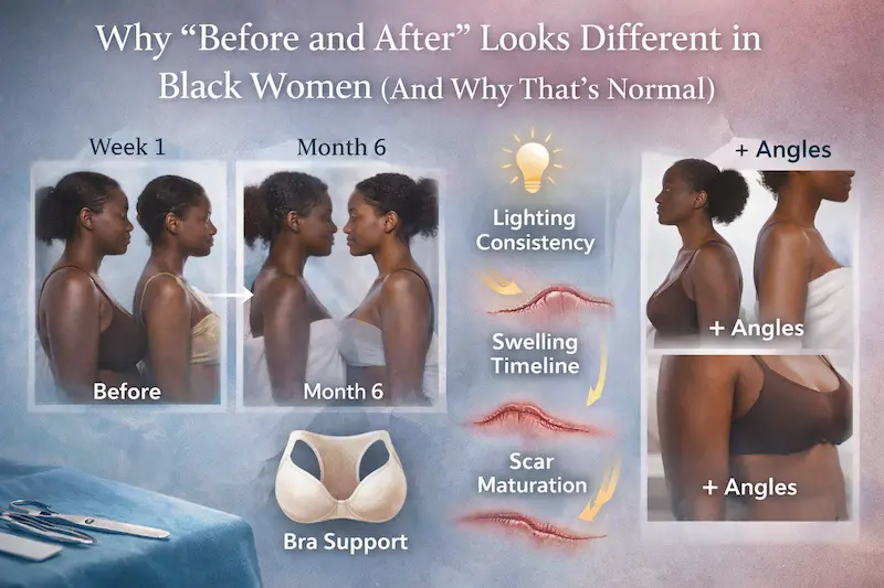 Infographic explaining why before-and-after results can look different in Black women, highlighting lighting consistency, swelling timeline, scar maturation, bra support, and photo angles over time.