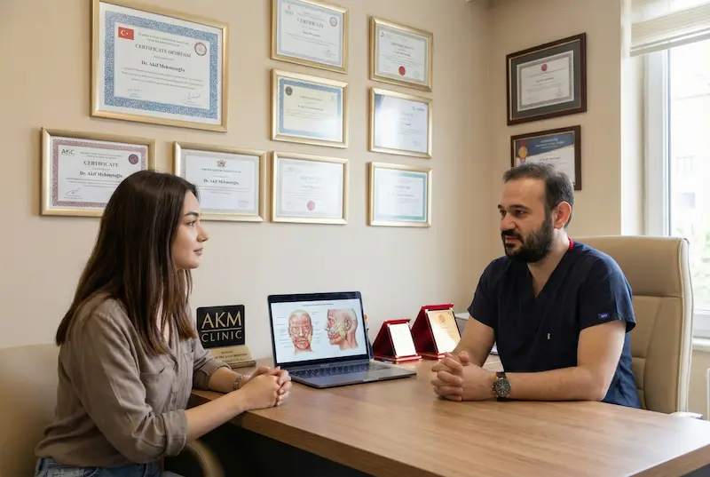 Surgeon consultation explaining why the deep plane technique requires elite skill, with facial anatomy diagrams shown on a laptop at AKM Clinic.