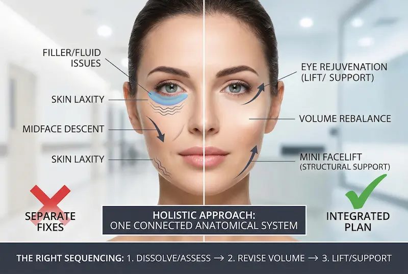 Diagram showing why filler removal, eye rejuvenation, and mini facelift should be treated as one integrated plan with proper sequencing