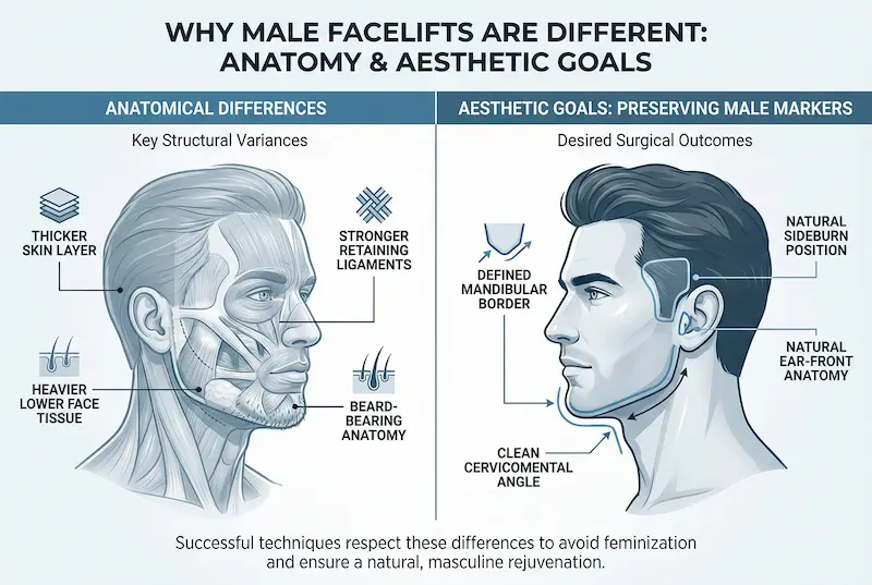 Infographic explaining why male facelifts are different, comparing anatomical differences and aesthetic goals to preserve male markers like jawline, sideburn position, and neck angle.
