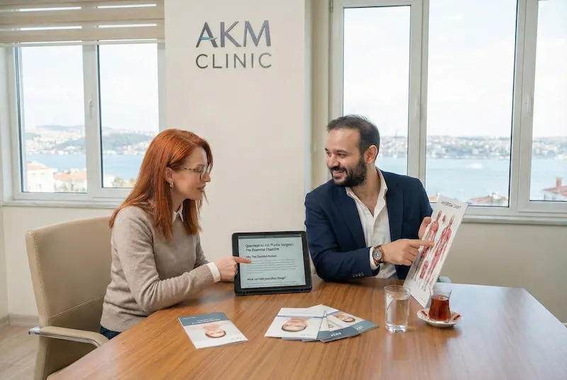 AKM Clinic consultation showing surgeon and patient discussing a safety checklist on a tablet