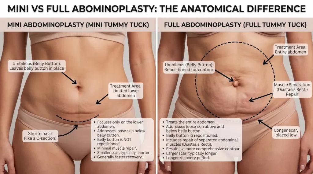 Mini vs full tummy tuck anatomy diagram comparing treatment area, scar length, belly button position and muscle repair.