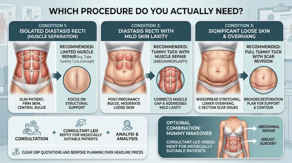 Diastasis recti repair surgery infographic comparing isolated muscle repair, tummy tuck with muscle repair and full tummy tuck options.