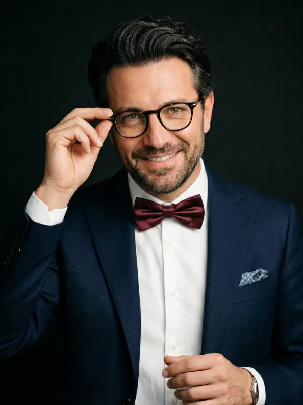 Symbolbild zur DHI-Haartransplantation: lächelnder Mann mit dunklem Haar, Brille und Fliege im dunkelblauen Anzug