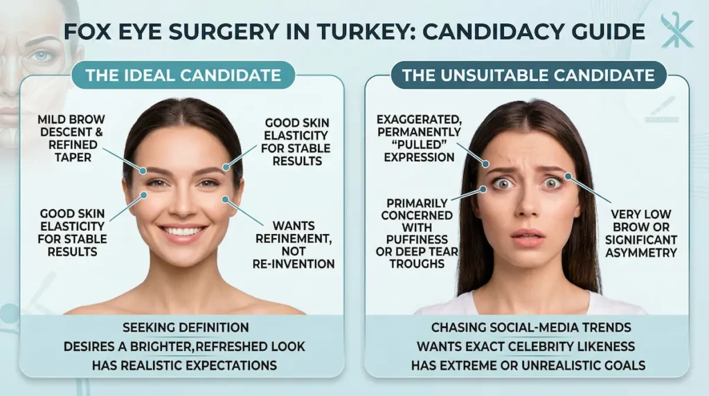 Infographic for fox eye surgery Turkey showing the ideal candidate versus the unsuitable candidate, including brow position, skin elasticity, realistic expectations and facial harmony factors.