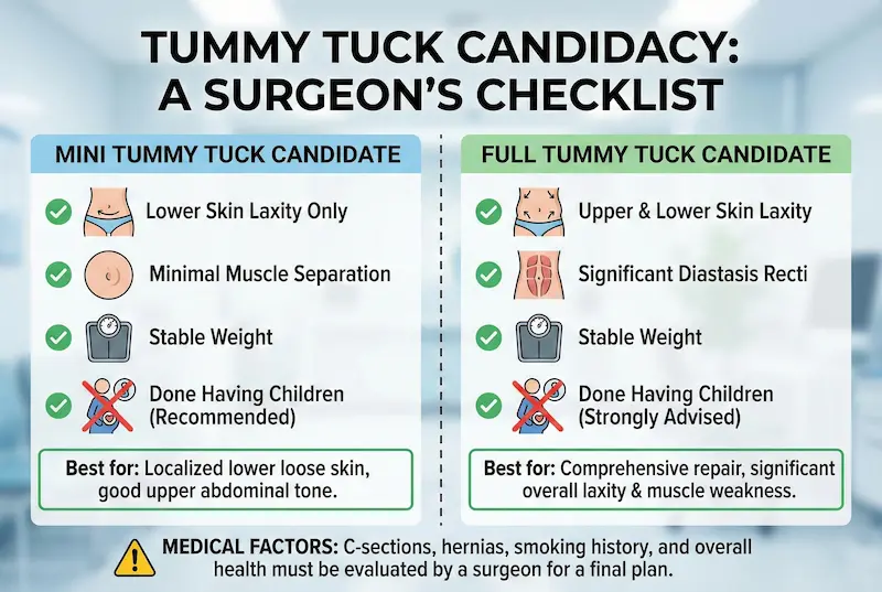 Tummy tuck candidacy checklist infographic comparing mini vs full tummy tuck candidates, including skin laxity, diastasis recti, and weight stability.
