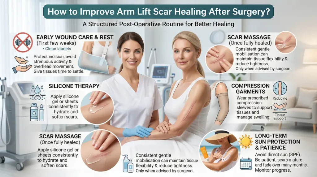 Arm lift scar healing infographic showing silicone therapy, scar massage, compression garments, early rest, and sun protection after brachioplasty.