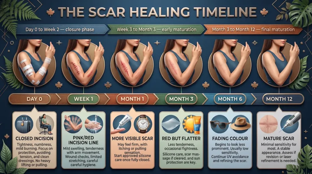 Arm lift scar infographic showing closure, early maturation, fading colour, and mature scar stages over 12 months.